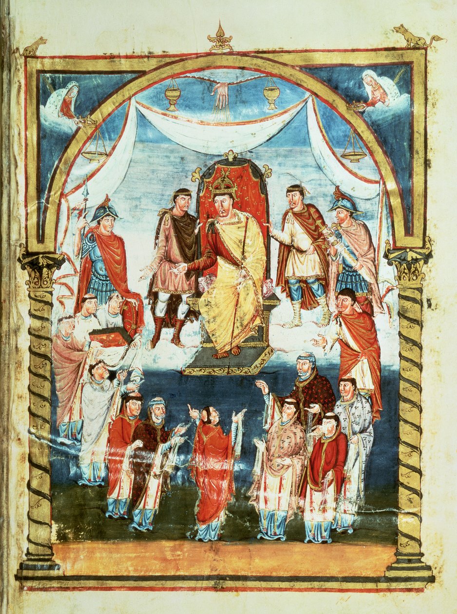 ds Lat 1 fol.423r Kuningas Kaarle II vastaanottamassa Raamatun kreivi Vivianilta ja Saint-Martin de Toursin munkeilta, Charles Kaljun ensimmäisestä Raamatusta, n.843-51 tekijältä French School