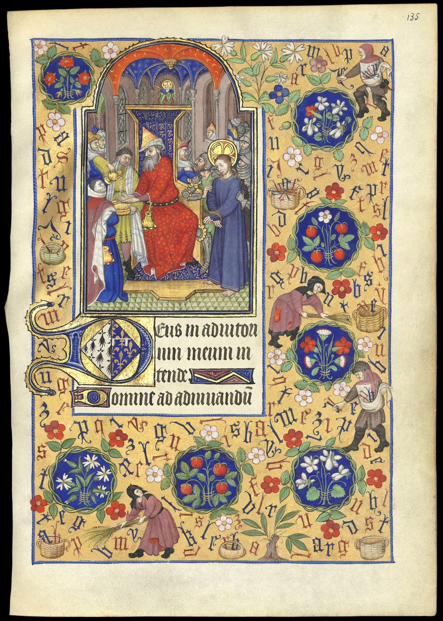 f.135r Miniatyyri, jossa Pilatus pesee kätensä Jeesuksen kohtalosta Marguerite d