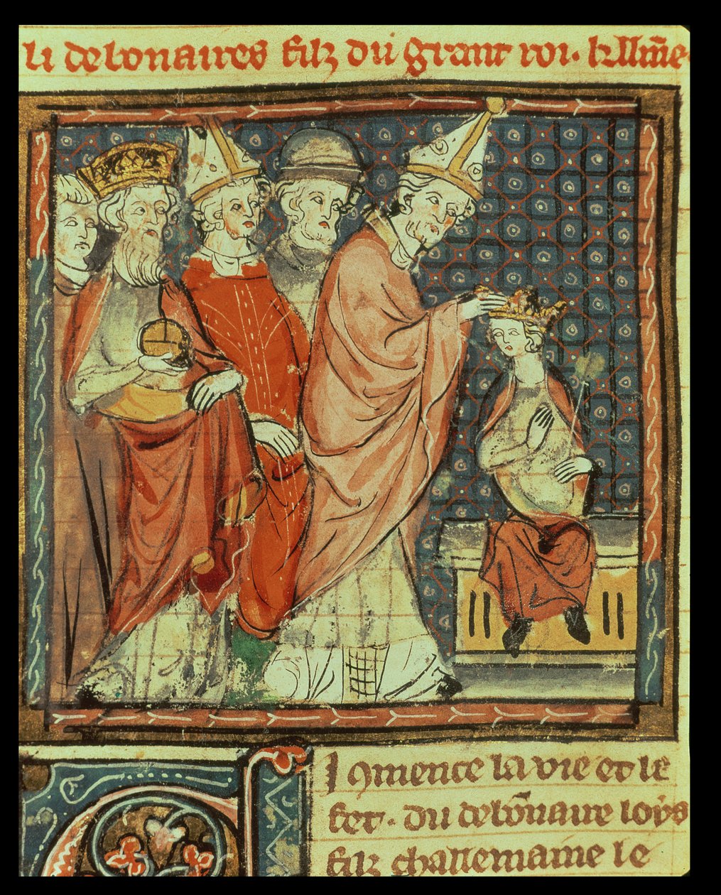f.142r Ludvig I hurskaan (778–840) Pyhän Rooman keisarin kruunaus paavi Stefanos IV:n (paavi 816–817) toimesta Reimsissä vuonna 816, Grandes Chroniques de Francesta, 1375–79 tekijältä French School