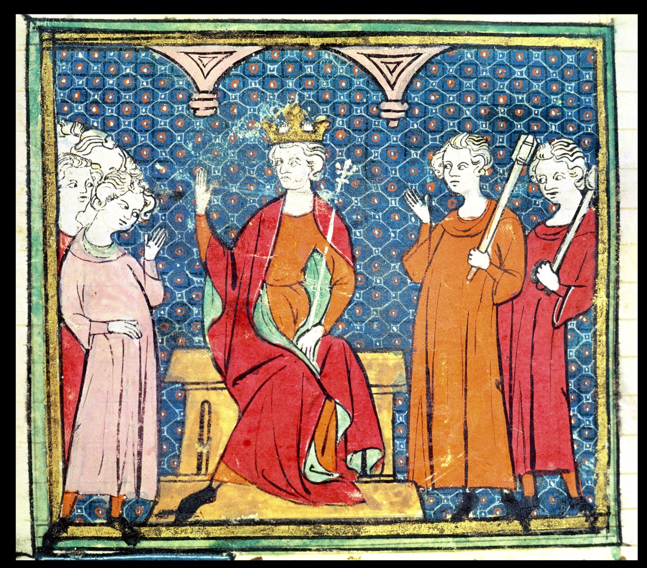 f.14v Childeric II (n. 653-73), Merovingien Austraasian kuningas, Grandes Chroniques de Francesta, 1375-79 tekijältä French School