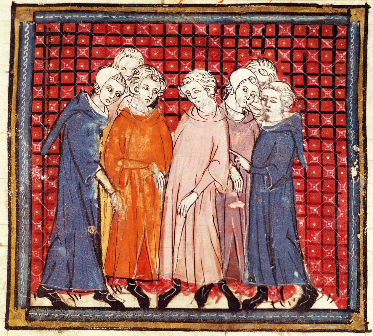 f.155r Kuningas Ludvig hurskasta vastaan salaliitot tekevät aateliset Grandes Chroniques de Francesta, 1375-79 tekijältä French School