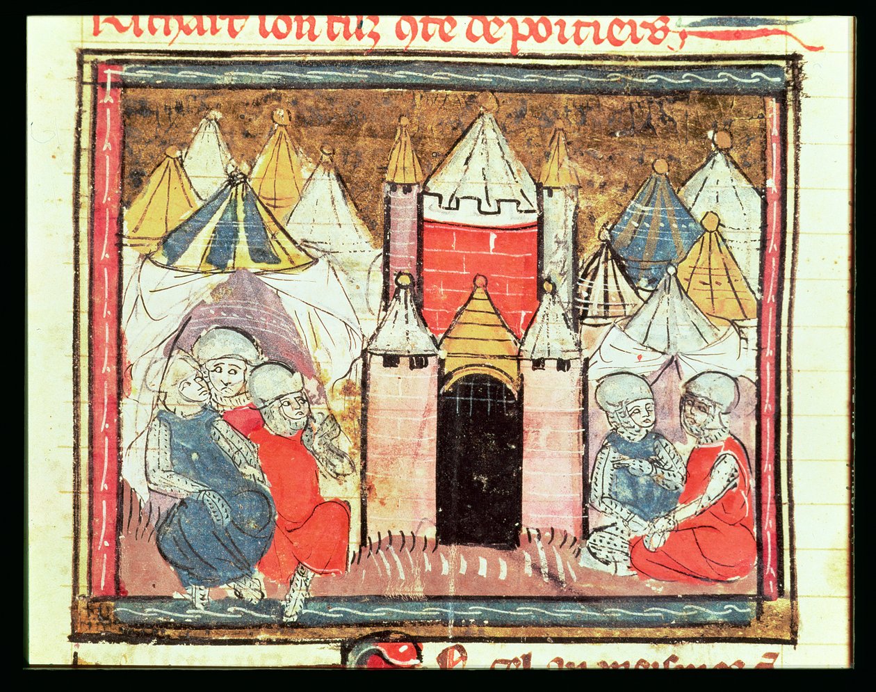 f.259r Chateau-Gaillardin piiritys vuonna 1204, kun Philip Augustus Ranskasta (1165-1223) voitti Englannin kuninkaan Johnin (Lackland) (1199-1216) Grandes Chroniques de Francesta, 1375-79 tekijältä French School