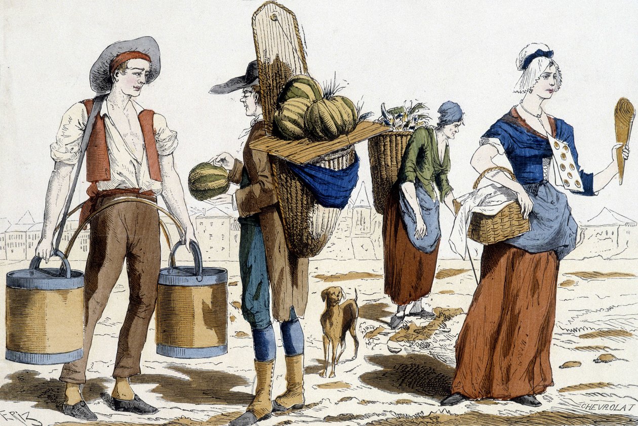 kuvitus 1700-luvun Pariisin puvuista: vedenkuljettaja, melonikauppias, sifonki, nautintojen kauppias. tekijältä French School