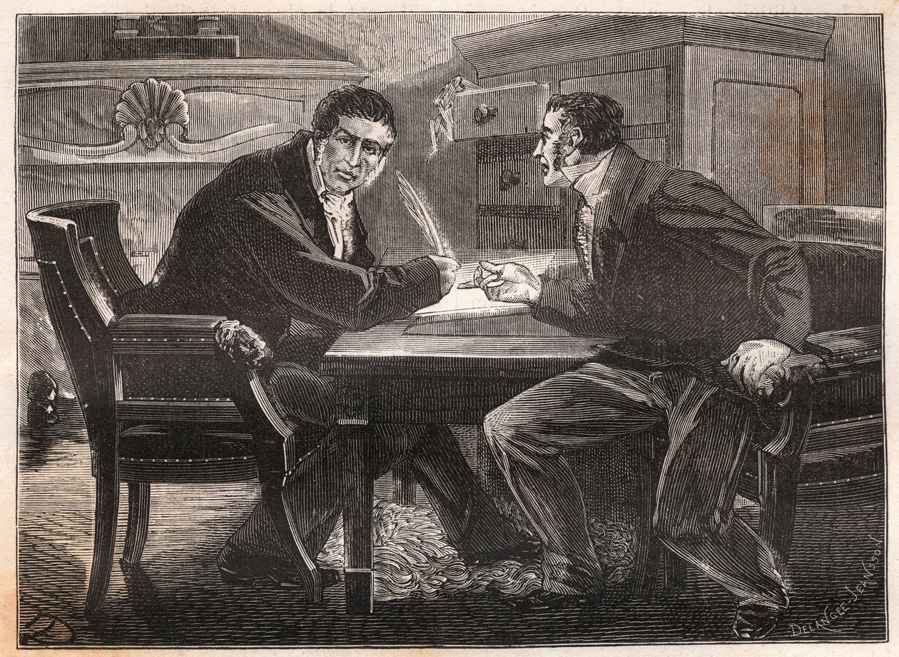 Heinäkuun monarkia - kolmen päivän ministeriö - Andre Dupinin (1783-1865) ja Jean-Charlesin (Jean-Charles) Persilin (1785-1870) haastattelu - 1834 - kaiverrus tekijältä French School
