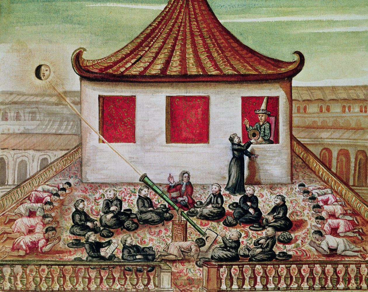 od. 59 fol.7 Auringonpimennys Siamissa 1688, jesuiittalähetyssaarnaajien katsoma, Siamin kuninkaan läsnä ollessa hänen palatsin ikkunassa, 1688 (wc paperilla) tekijältä French School