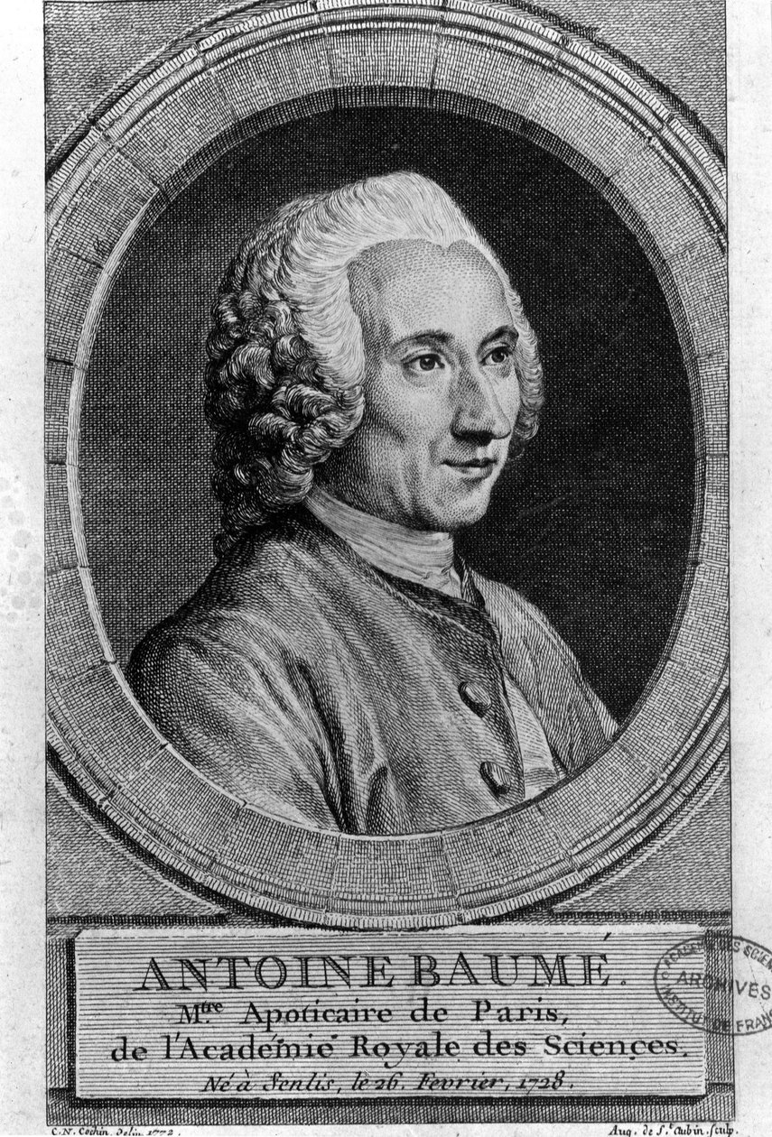 muotokuva Antoine Baumésta (1728-1804), ranskalaisesta kemististä ja proviisorista. Apoticaire de Paris. Kaiverrus vuodelta 1772. tekijältä French School