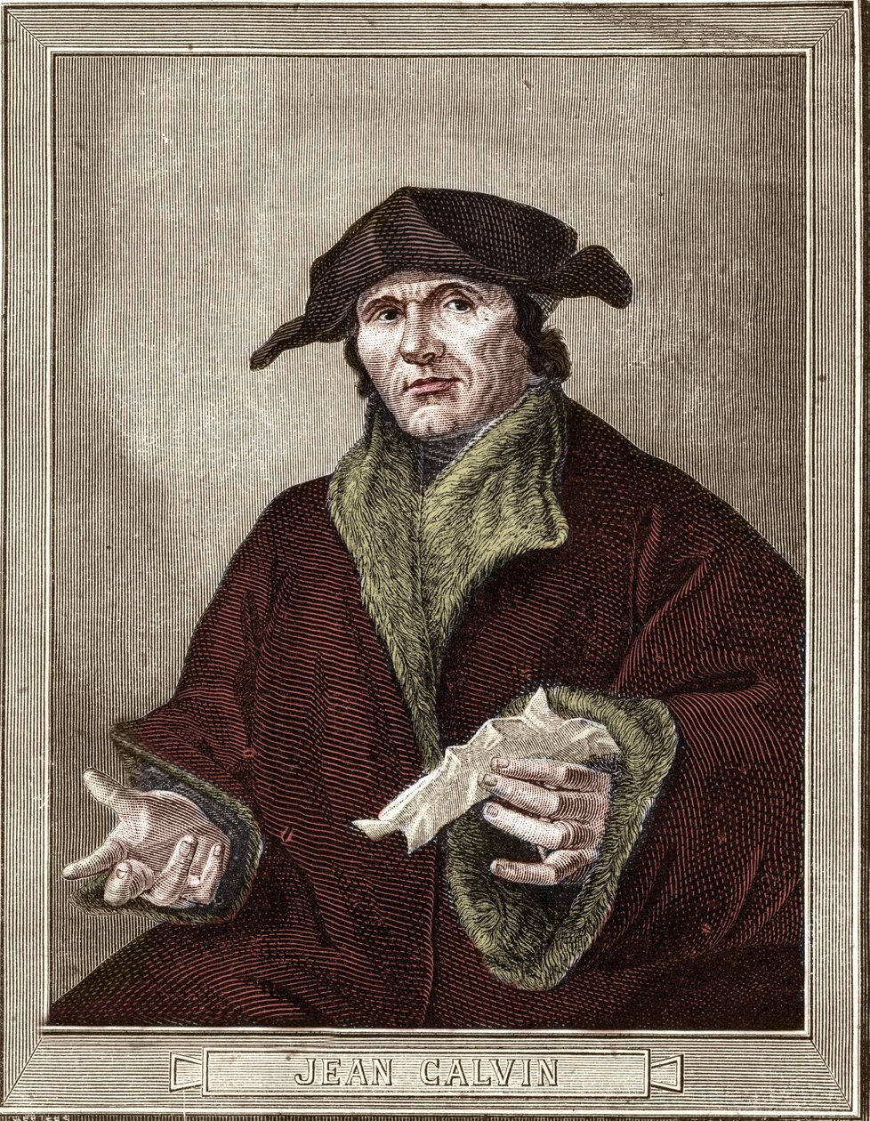 ranskalaisen uskonnonuudistajan ja kirjailijan Jean Calvinin (1509-1564) muotokuva. tekijältä French School