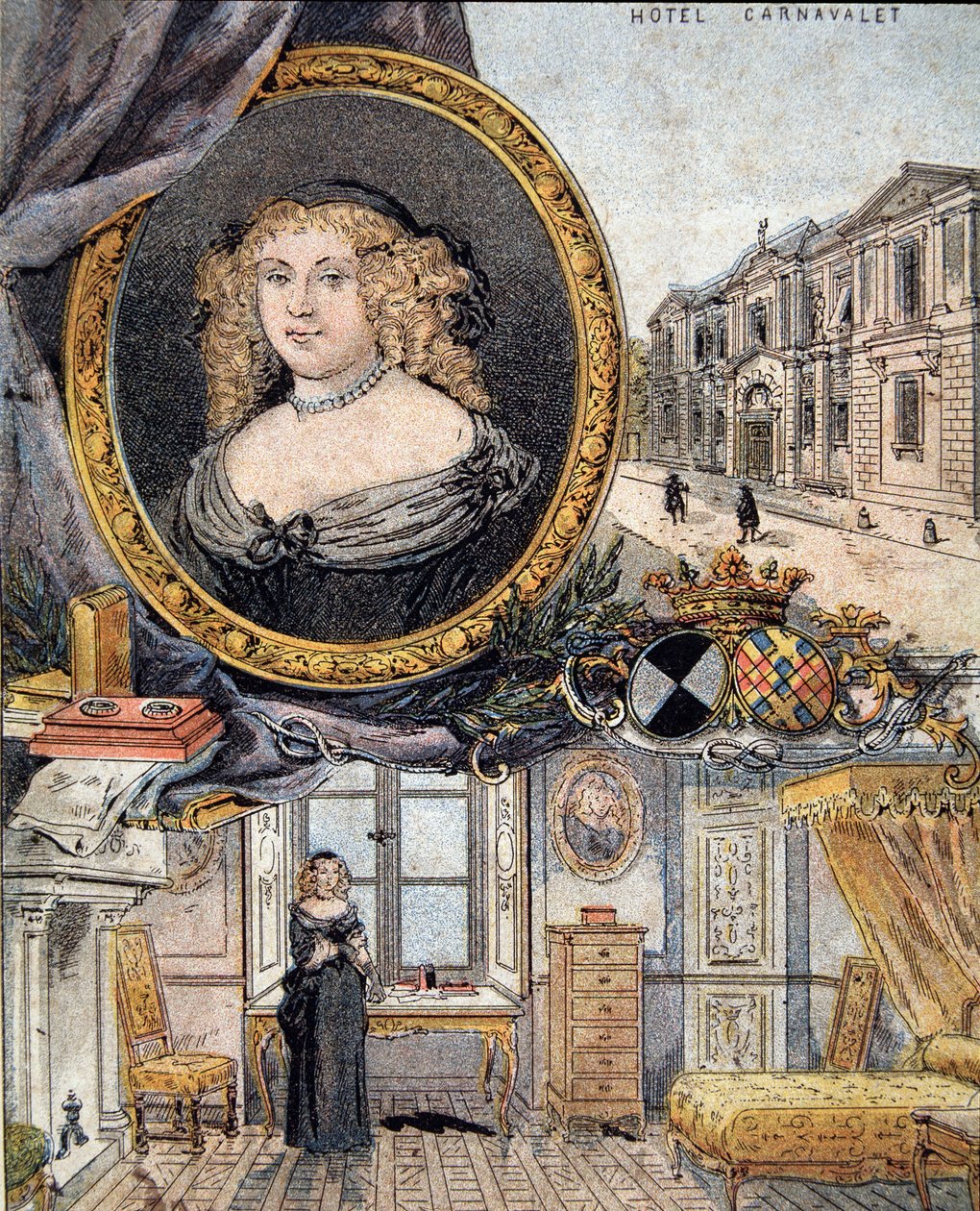 muotokuva Marie de Rabutin-Chantalista (Rabutin Chantal), Sevignen markiisista, joka tunnetaan nimellä Madame de Sevigne (1626-1696) ja hänen asuinpaikkansa Hotel Carnavaletista. tekijältä French School