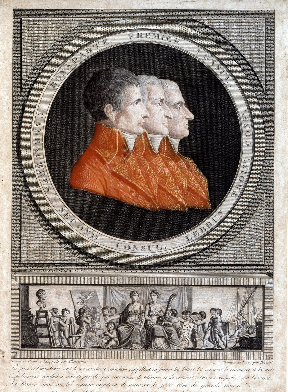 muotokuva kolmesta konsulista, Napoleon Bonaparte (1769-1821), Jean Jacques Regis (Jean-Jacques-Regis) de Cambaceres (1753-1824) ja Charles Francois Lebrun (1739-1824)” tekijältä French School