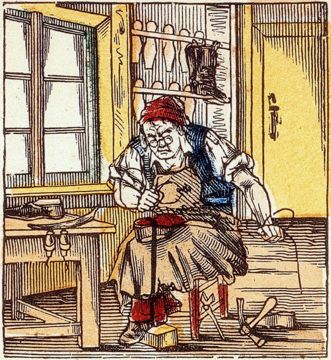 ammatti: suutari, joka korjaa pohjan, 1800-luvun loppu (kaiverrus) tekijältä French School