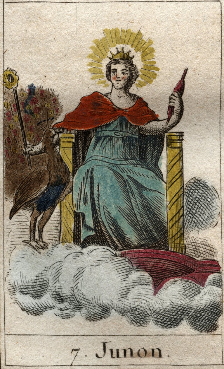jumalallisen Junon, jumalien ja taivaan kuningattaren, esitys, hän on Jupiterin sisar ja vaimo (Junon, jumalien kuningattaren, Jupiterin vaimon ja sisaren esittely). Pierre Blanchardin "Nuoruuden mytologiasta" vuodelta 1803. tekijältä French School