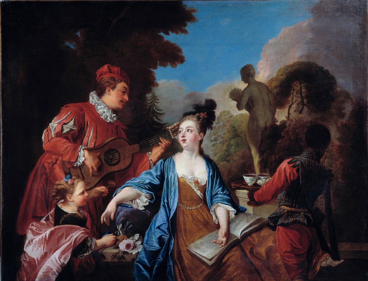 maistele sitä puistossa Aateliston nuorille nuori musta palvelija tarjoilee teetä puutarhassa. Ranskalaisen koulun maalaus. 1700-luvulla. Aurinko 1,71x1,32 m Rouen, musee des Beaux Arts tekijältä French School