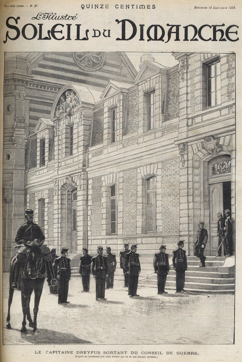 Dreyfusin tapaus - Kapteeni Alfred Dreyfus eroaa sotaneuvostosta - Dreyfusin tapaus - Proces de Rennes - Alfred Dreyfus lähtee sotaneuvostosta (1899) - "Le soleil du diamanche" vuodelta 1899 tekijältä French School