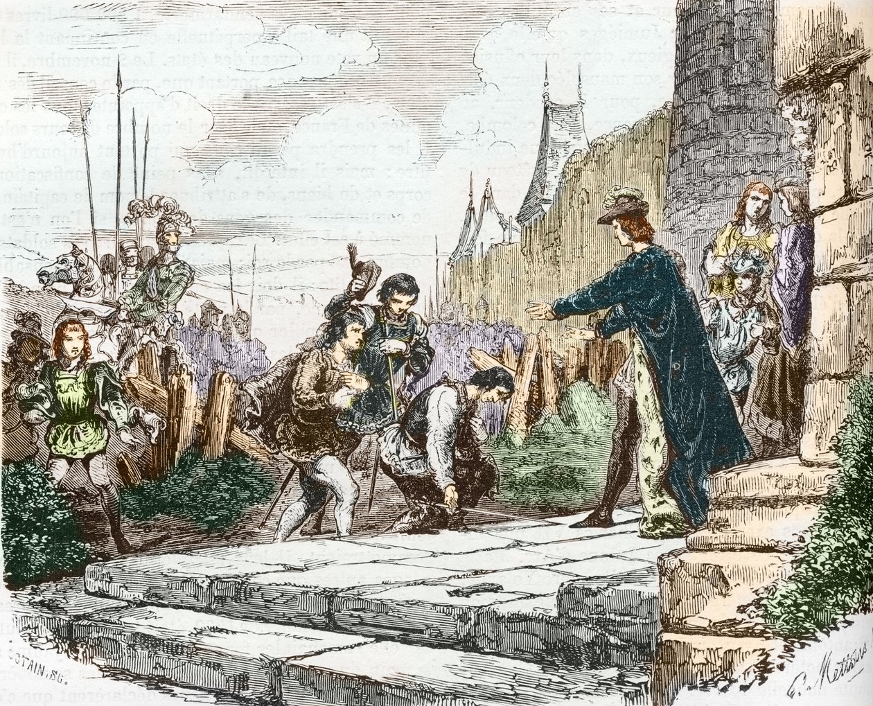 delfiini Louis (silloin Louis XI), Alenconin herttua Johannes II ja Bourbonin herttua Kaarle I pyytävät anteeksi kuningas Kaarle VII:ltä tekijältä French School
