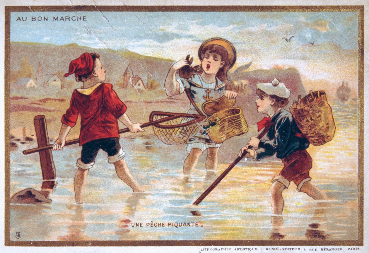 vuosikerta postikortti, joka kuvaa lapsia rannalla tekijältä French School