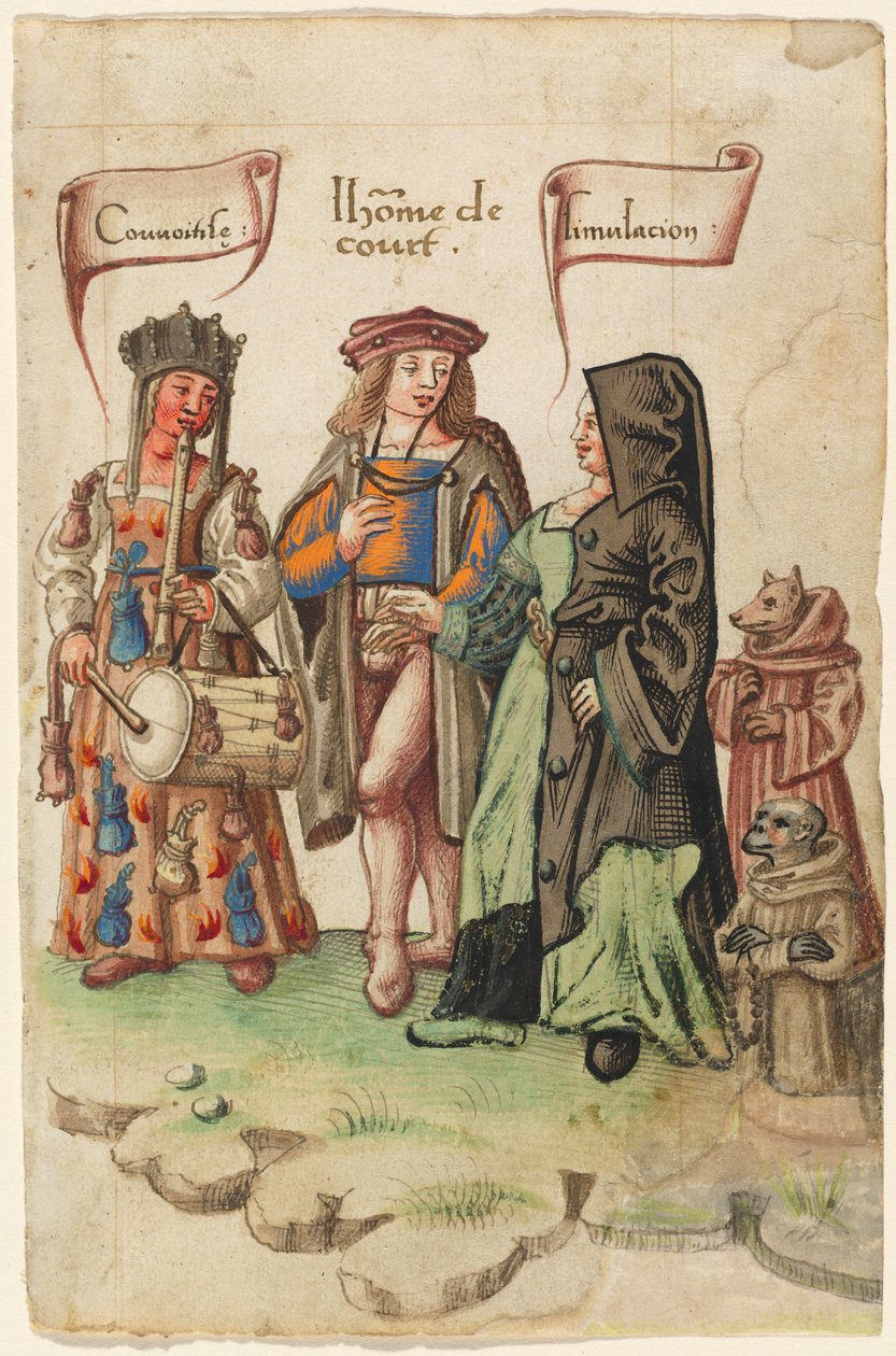 Hovimies, joka seisoo ahneuden ja harhaanjohtamisen välissä [fol. 14 recto] tekijältä French early 16th Century