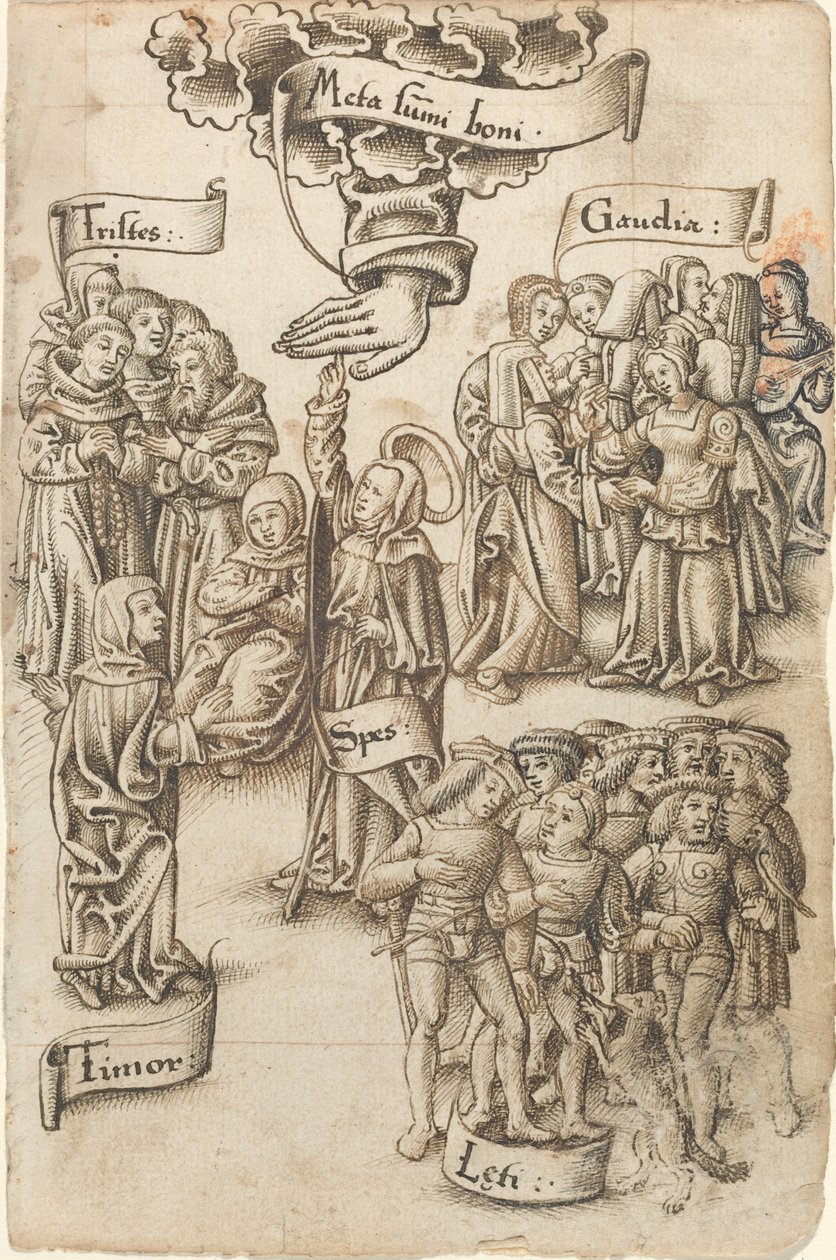 Toivo, taivaaseen yltää, seisoo surullisten ja onnellisten miesten, ilojen ja pelon keskellä [fol. 19 recto] tekijältä French early 16th Century