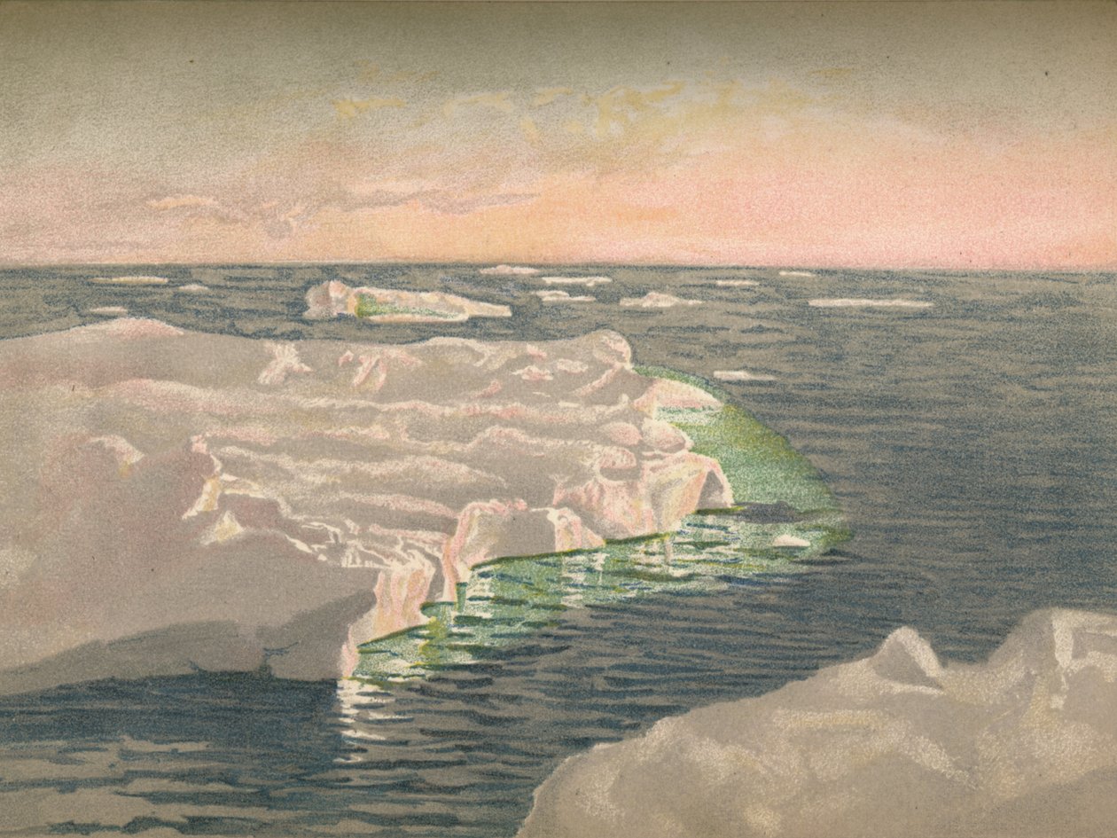 Auringonlaskun aikaan, 22. syyskuuta 1893. Vesiväriluonnos, 1893, 1897 tekijältä Fridtjof Nansen