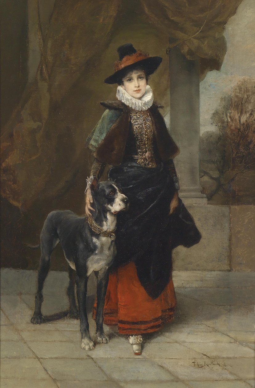 Bildnis einer Dame im historisierenden Kostüm mit Dogge tekijältä Friedrich August von Kaulbach