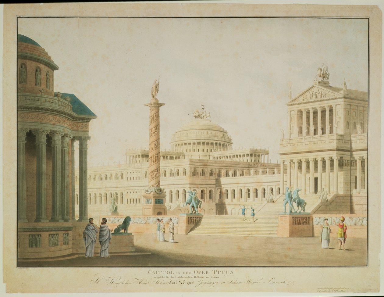 Capitol, Wolfgang Amadeus Mozartin (1756-91) "Tituksen" lavastus, Anton Genastin ohjaama esitys Wienin Hoftheaterissa, taiteilijan kaiverrus, 1815. tekijältä Friedrich Beuther