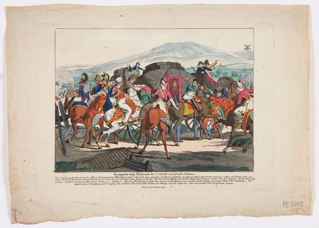 Napoleonin lento Waterloon taistelusta, 1815 (värillinen etsaus) tekijältä Friedrich Campe