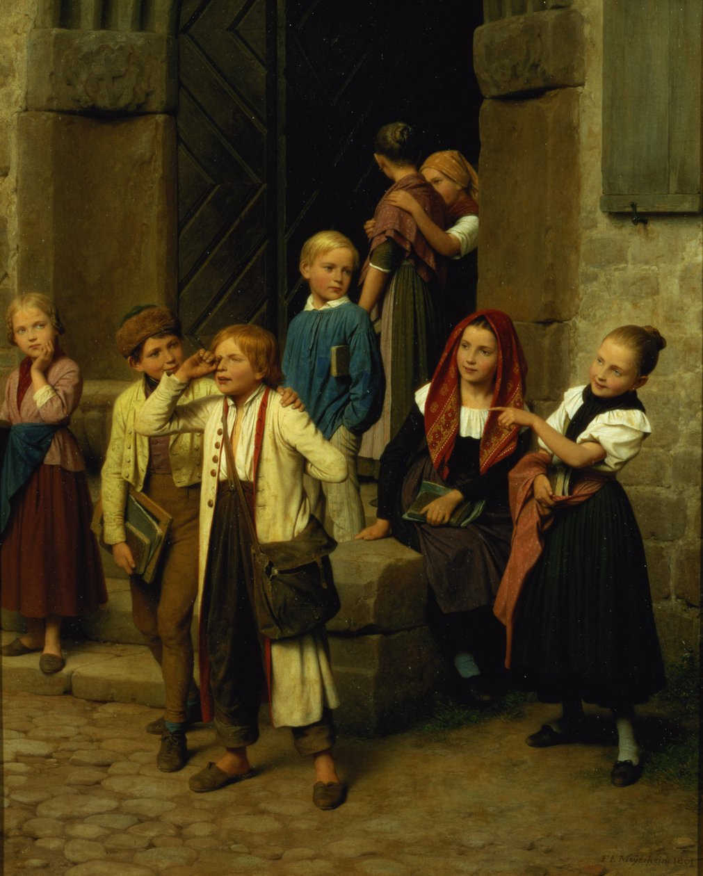 Koululaiset katsomassa poikaa itkemässä, 1861 tekijältä Friedrich Edouard Meyerheim