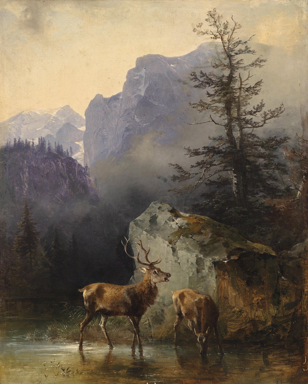 Hirsch und Tier an der Tränke tekijältä Friedrich Gauermann