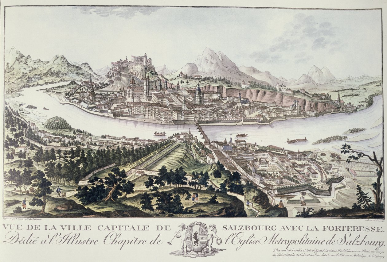 Näkymä pääkaupungista ja Salzburgin linnoituksesta, omistettu Salzburgin metropolikirkon maineikkaalle kapitalle, 1791 tekijältä Friedrich Gotthard Naumann