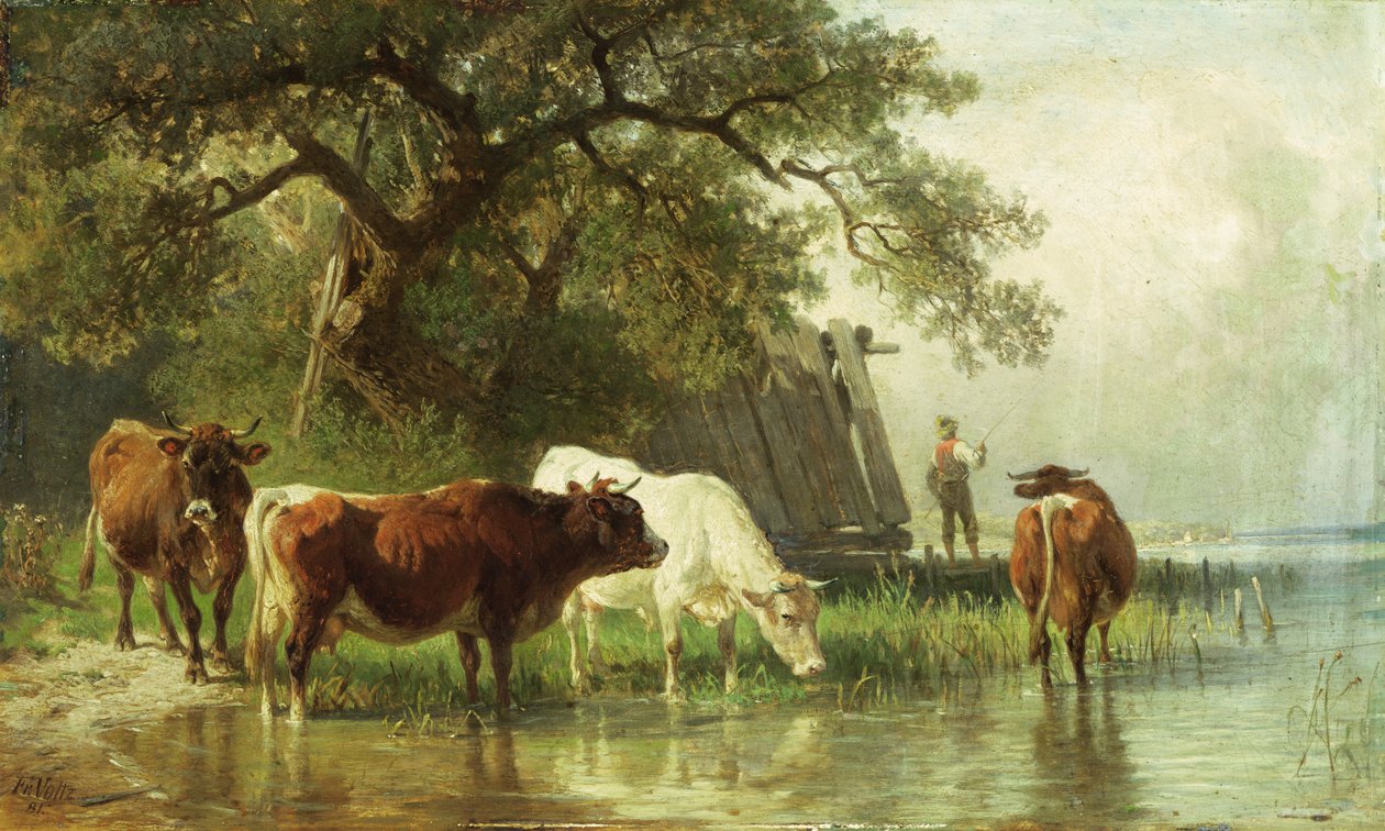 Karjan juottamista jokimaisemassa, 1800-luku tekijältä Friedrich Johann Voltz