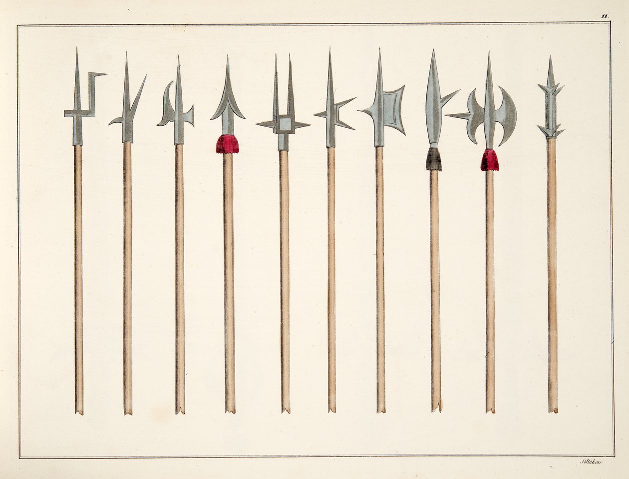 Keihäät, keihäät, halberdit ja partisaanit, kilpi teoksesta "A History of the Development and Customs of Chivalry", kirjoittanut tohtori Franz Kottenkamp, Carl Hoffmannin kustantama, 1842. tekijältä Friedrich Martin von Reibisch