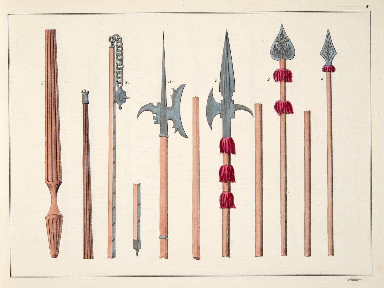 Keihäät, keihäät, halberdit ja partisaanit, kilpi teoksesta "A History of the Development and Customs of Chivalry", kirjoittanut tohtori Franz Kottenkamp, Carl Hoffmannin kustantama, 1842. tekijältä Friedrich Martin von Reibisch