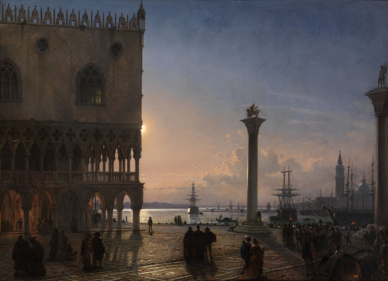 Kuunvalonäkymä Piazza San Marcolle kohti San Giorgio Maggiorea tekijältä Friedrich Nerly