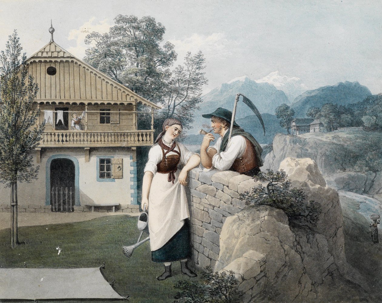 Mädchen mit Gießkanne und Bauer mit Sense vor einem Giebelhaus tekijältä Friedrich Philipp Reinhold