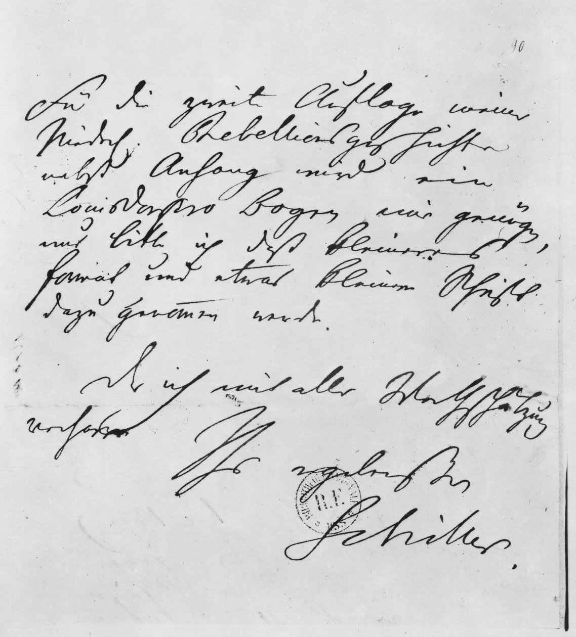 Sivu tekstiä hänen allekirjoituksellaan tekijältä Friedrich Schiller
