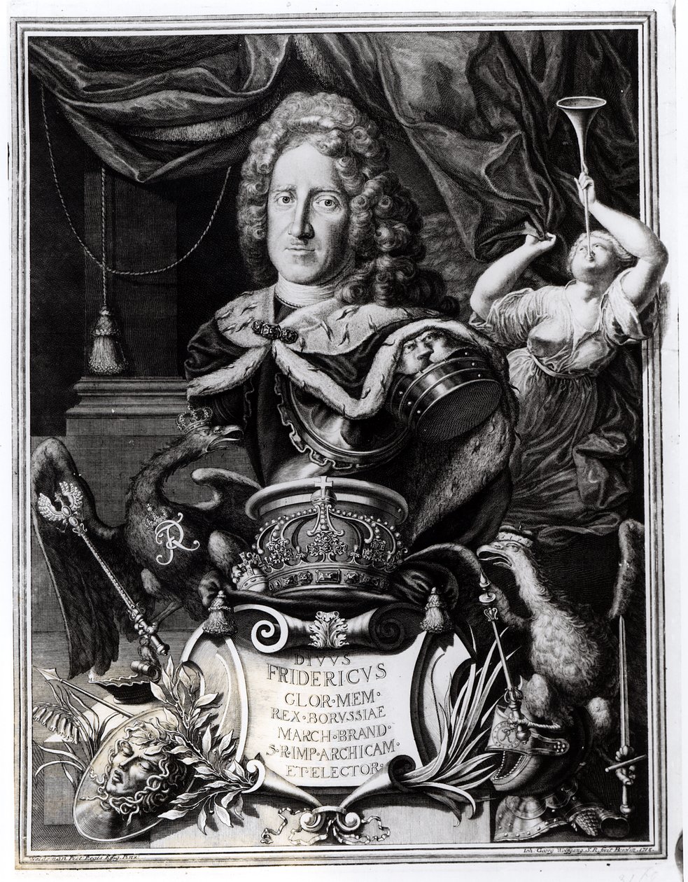 Preussin kuninkaan Fredrik Vilhelm I:n (1688-1740) muotokuva, Georg Andreas Wolfgangin (1703-45) kaiverrus, 1718. tekijältä Friedrich Wilhelm Weidemann