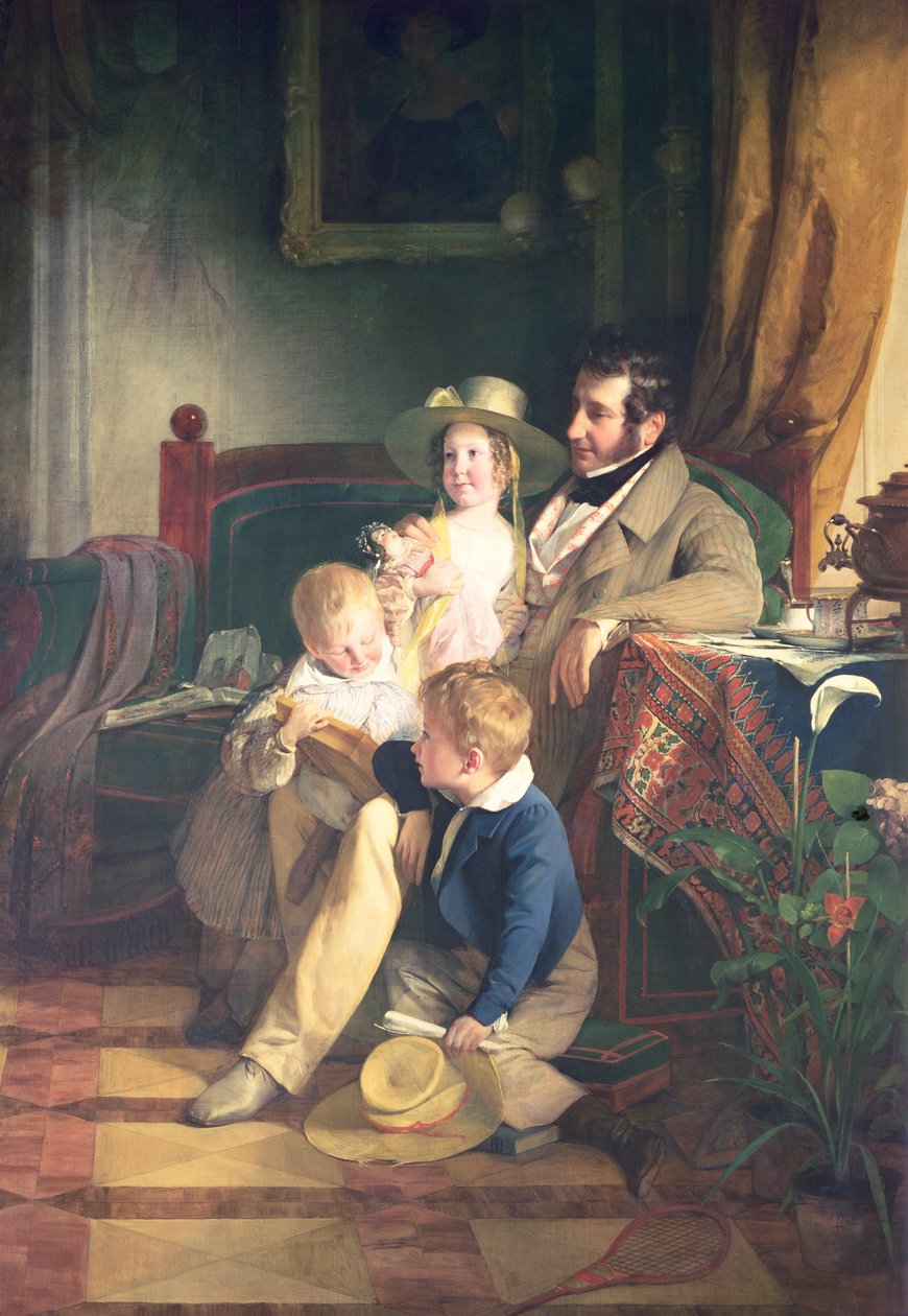 Rudolf von Arthaber (1795-1867) lastensa kanssa Rudolf, Emilie ja Gustav katsomassa kuolleen äitinsä muotokuvaa, 1837 tekijältä Friedrich von Amerling