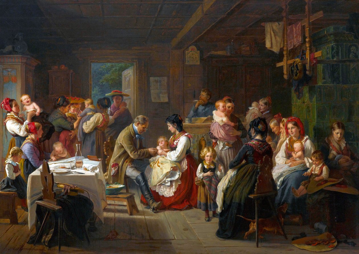 Rokotus contre la variole a la campagne - Rokotus isorokkoa vastaan maaseudulla - Friedrich Adolph Hornemann (1813-1890). Öljy kankaalle tekijältä Friedrich Adolph Hornemann