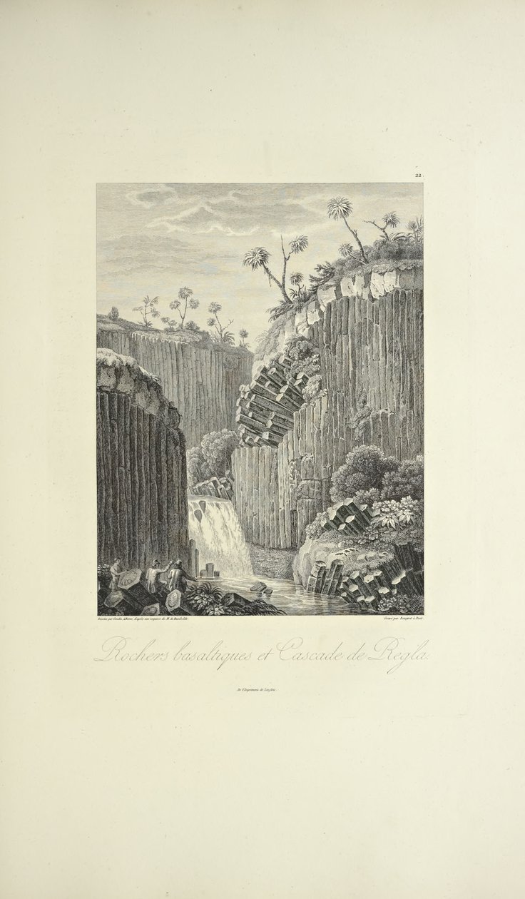 Basalttikivet ja Cascade de Regla, piirtänyt Gmelin, kaivertanut Bouquet, kuvitus Alexander von Humboldtin ja Aime Bonplandin teoksesta "Näkymät Cordilleraille ja Amerikan alkuperäiskansojen monumenteille" tekijältä Friedrich Alexander Baron von (after) Humboldt