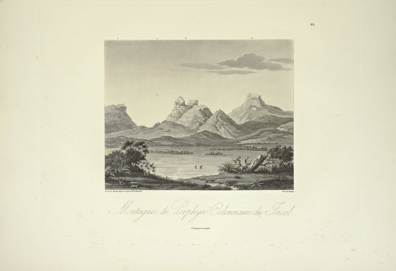 Columnar Porphyryn vuoret, Jacal, piirtänyt Marchais, kaivertanut Bouquet, kuvitus Alexander von Humboldtin ja Aime Bonplandin teoksesta "Näkymät Cordilleraille ja Amerikan alkuperäiskansojen monumenteille" tekijältä Friedrich Alexander Baron von (after) Humboldt