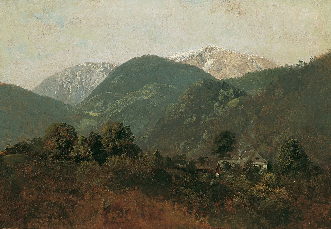 Näkymä Scheuchensteinista Gauermannhofiin Schneebergin taustalla tekijältä Friedrich August Mathias Gauermann