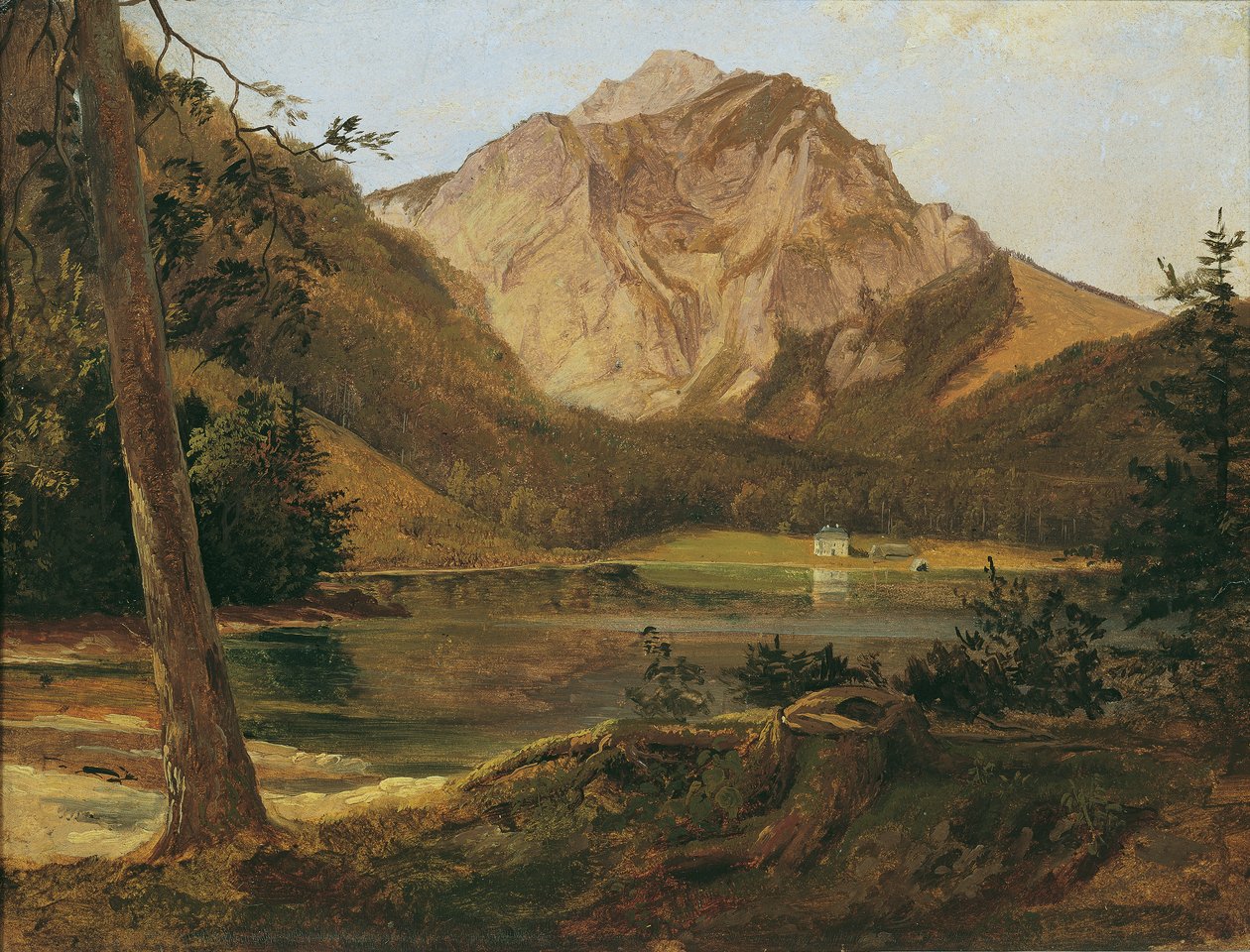 Edessä Langbathsee ja Höllengebirge tekijältä Friedrich August Mathias Gauermann
