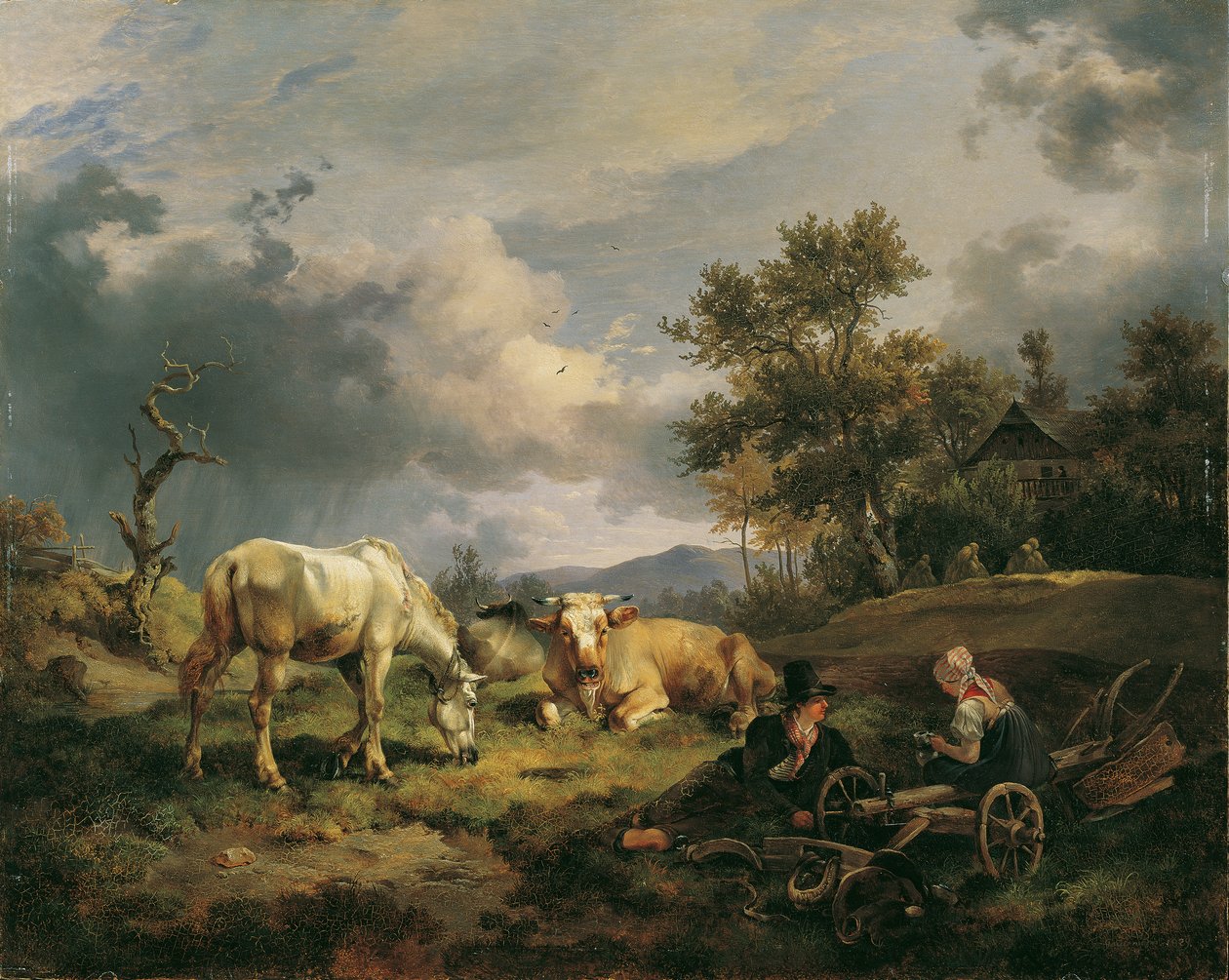 Nuori talonpoikapari lepää pellolla tekijältä Friedrich August Mathias Gauermann
