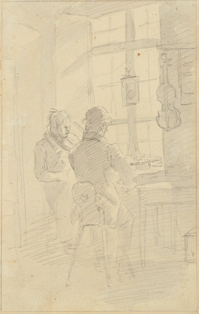Kaksi miestä soittaa viulua tekijältä Friedrich August Mathias Gauermann