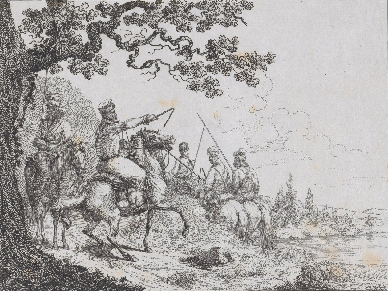 Kasakat ratsastamassa joen rantaa pitkin, 1814. tekijältä Friedrich August de La Belle