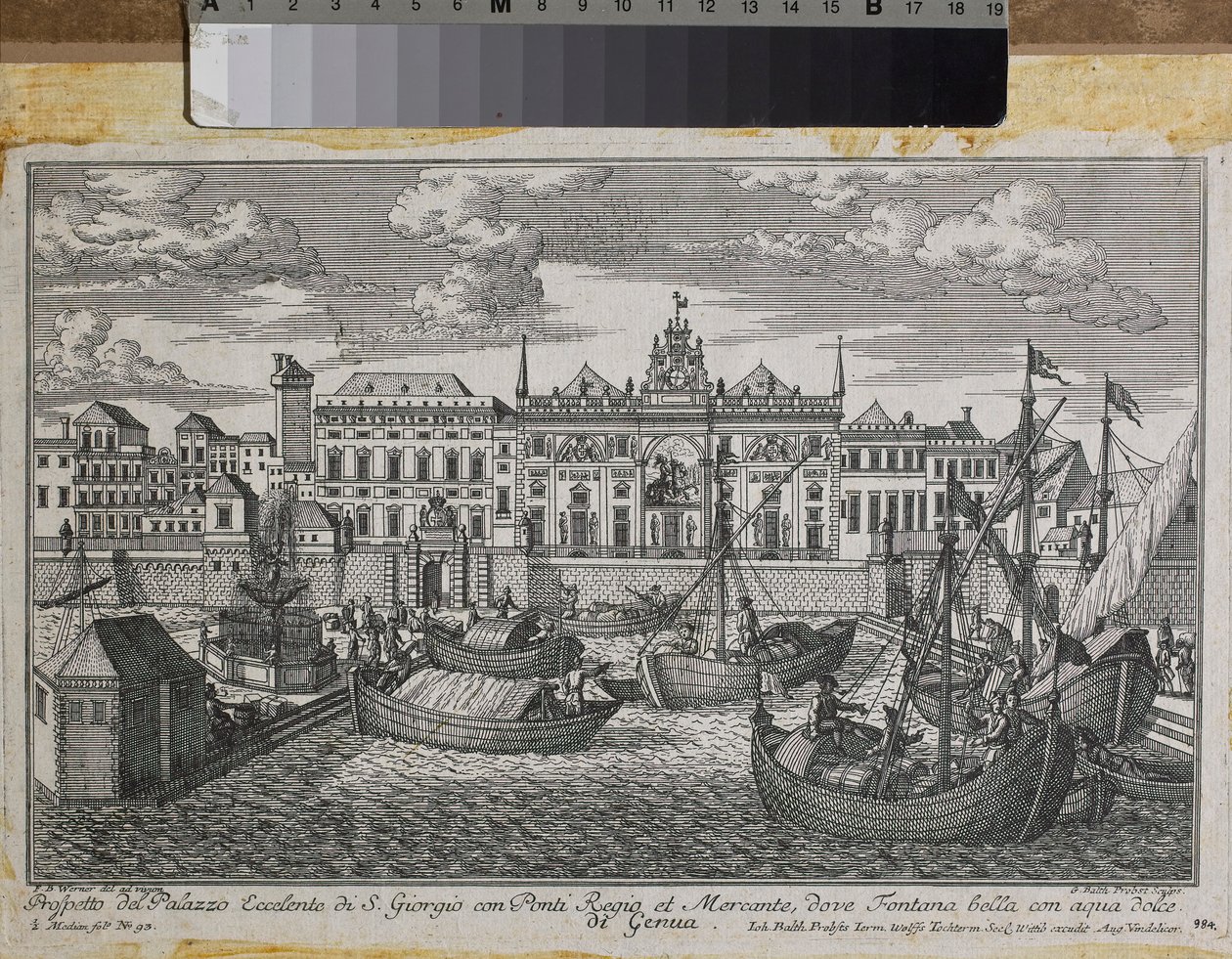 Genovan suunnitelma, jossa on kuninkaallinen silta, Mercanzian uusi silta ja Pyhän Yrjön palatsi mereltä katsottuna, n. 1750 (kaiverrus) tekijältä Friedrich Bernhard Werner