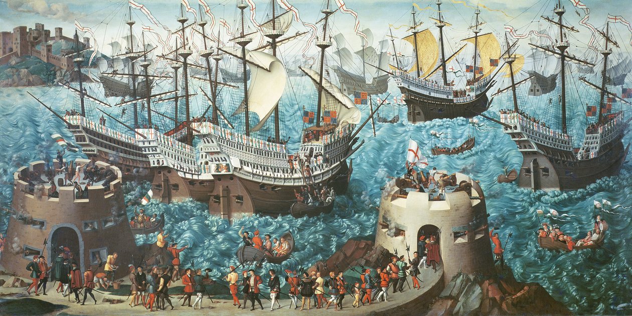 Henry VIII:n (1491-1547) nousu Henry Grace a Dieu -laivalla vuonna 1520, kopioitu Vincent Volpin maalauksesta tekijältä Friedrich Bouterwek