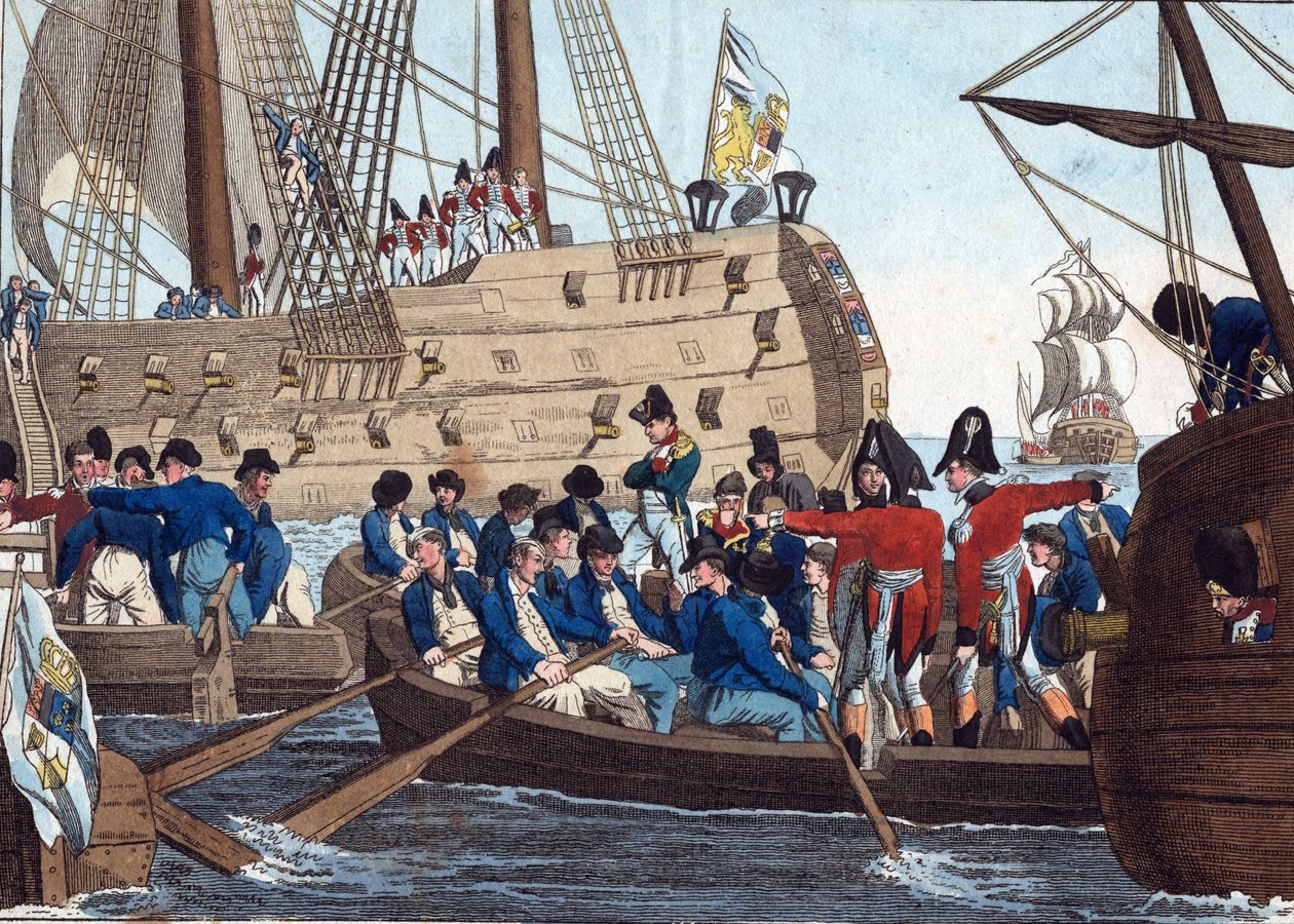 Napoleon Bonaparte englantilaisten vankina tuodaan Bellerophonista Northumberlandiin 8. elokuuta 1815 - Campe, August Friedrich Andreas (1777-1846) - Etsaus, akvarelli - 21,6x26,8 - Yksityiskokoelma tekijältä Friedrich Campe