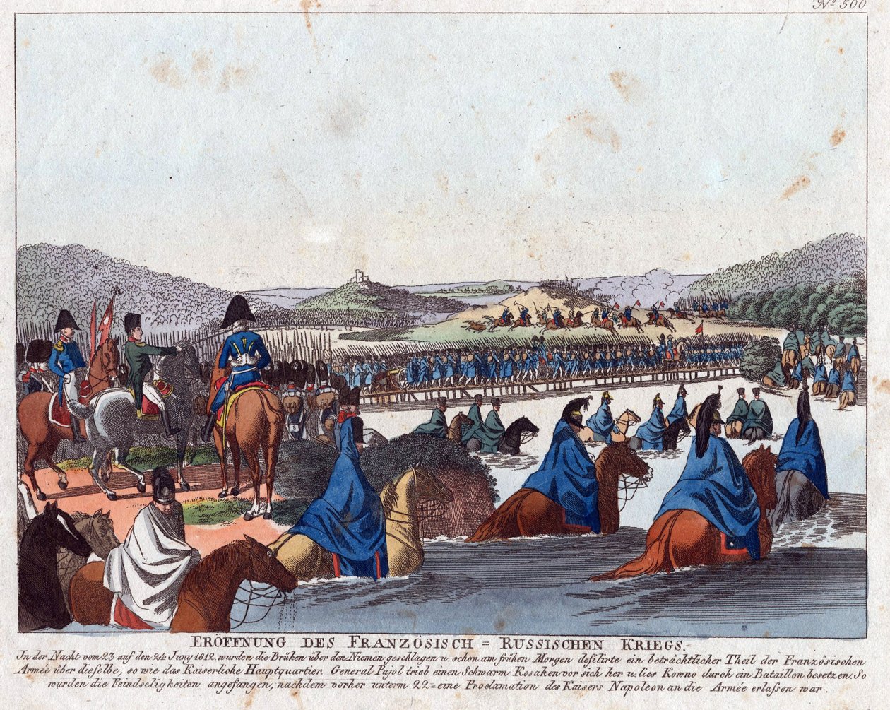 Ranskan hyökkäyksen Venäjälle alku - Campe, August Friedrich Andreas (1777-1846) - Etsaus, akvarelli - 20,5x26,2 - Yksityiskokoelma tekijältä Friedrich Campe