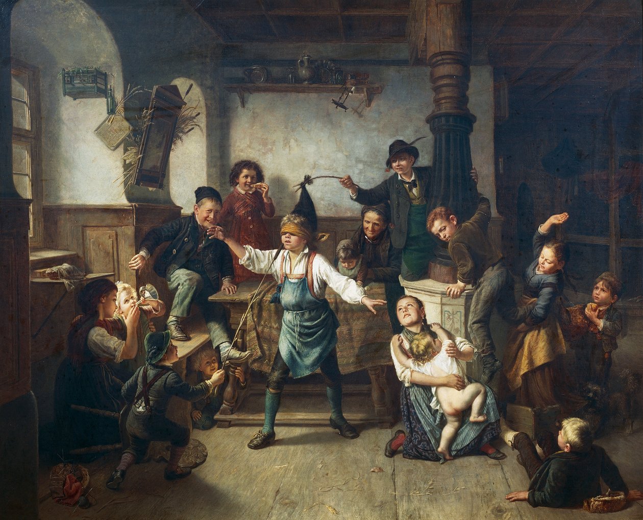 Lapset leikkimässä sokean miehen bluffia, noin 1860, Friedrich Carl Hoesch (1836-1888), öljy kankaalle, Saksa tekijältä Friedrich Carl Hoesch