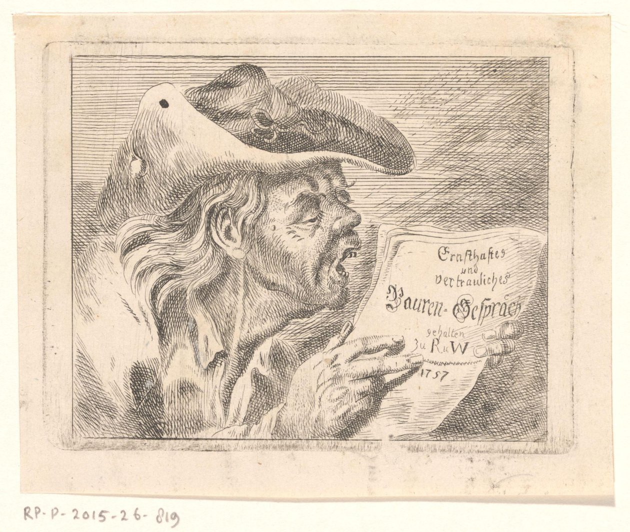 Vanhan maanviljelijän rintakuva pamfletti käsissään tekijältä Friedrich Christian Gottlieb Geyser (possibly)